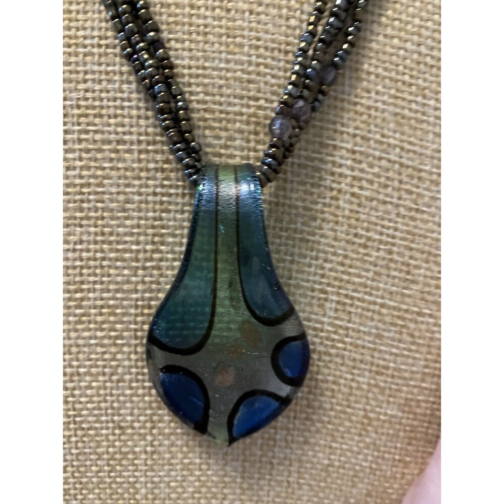 Colorful Art Glass Beaded Pendant Necklace Blue Green Faceted Beads 21 Inches